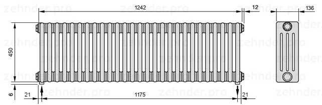 Схема (чертеж) Радиатор Zehnder Charleston 4045/27 №5310 Белый глянцевый RAL 9016
